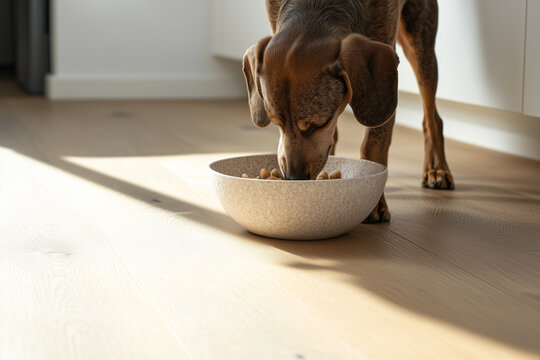 Hund frisst oder trinkt aus Futternapf