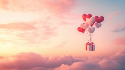 Fototapeta premium A Box flying on a parachute with pink cloud in valentine day,package flying down from sky and cloud with parachute, concept for delivery service,shopping online,air delivery service.