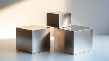 Obraz premium sleek metallic cube packaging, brushed steel texture, modern minimalistic design, professional still life, white backdrop, dramatic side lighting