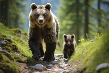 Fototapeta premium Bear with cubs on a hiking trail in the mountains, AI generated
