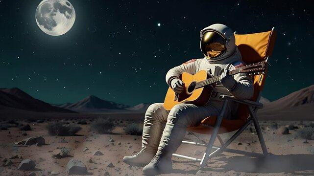 An astronaut is playing guitar on an alien planet, the moon is visible. Seamless 4K looping timelapse video animation background