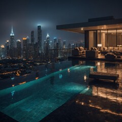 Fototapeta premium A sleek rooftop mansion with an infinity pool reflecting the glow of city lights in the drizzle.