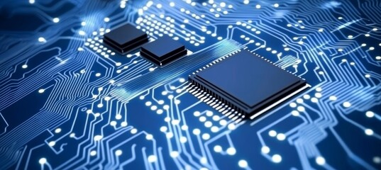 Fototapeta premium Close Up of Blue Circuit Board, Modern Technology Background with Glowing Lines and Dots