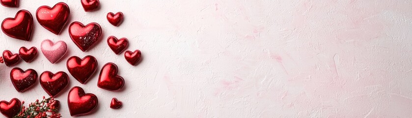 Fototapeta premium Soft Composition Featuring Scattered Red Hearts on a Light Pink Background for Romantic Themes