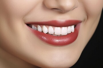 Fototapeta premium Clos eup of smiling woman's lips with red lipstick and white teeth. KI generiert, generiert AI generated