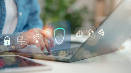 VPN Virtual Private Network protocol concept, Businessmen with VPN icon on VR screen. VPN concept. Cyber security and privacy connection technology