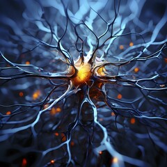Abstract representation of neural networks modeled after the human brain with intricate web-like patterns and connections, AI generated