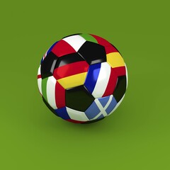 Soccer ball with European flags on a green background, 3d rendering