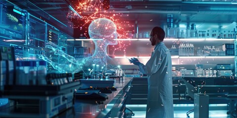 A scientist in a futuristic lab with an AI assistant as a holographic interface providing real-time data analysis. Advanced lab equipment in background. AIG60