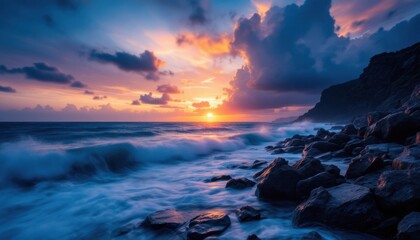 Obraz premium Ocean waves at sunset with rocky coast and colorful sky.