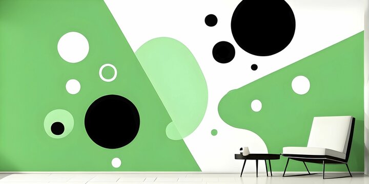 Minimalist illustration featuring abstract shapes to convey fun and ease, wallpaper with green color accent, AI generated