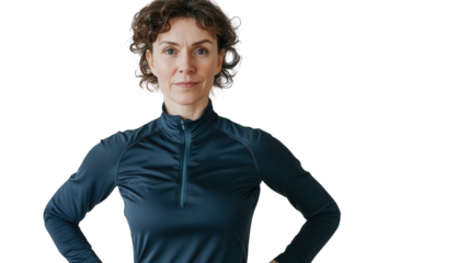 Confident woman in athletic attire stands with hands on hips, ready for workout