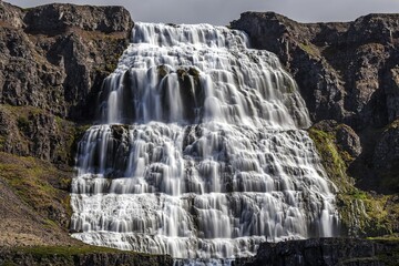 Waterfall Dynjandi, Dynjandifoss, river Dynjandisá, long exposure, Westfjords, Iceland, Europe