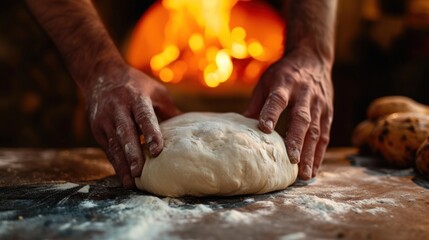 Fototapeta premium A bakers hands carefully shape a dough ball before baking in a wood-fired oven