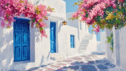 Watercolor of Traditional greek Santorini house with bougainvillea flowers,Greece islands blue white traditional cafe restaurant architecture,Santorini blue door window,Mediterranean scene.