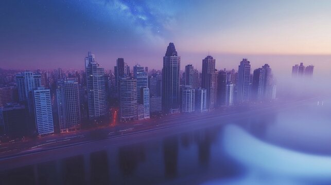 A night view of an urban skyline with tall buildings and mist, under a purple and blue starry sky, AI generated