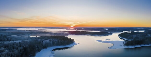 Obraz premium Serene winter landscape at sunrise with snow-covered trees and a frozen lake, AI generated