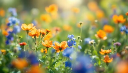 Obraz premium Wildflowers in a sunny field with blue sky and green foliage.