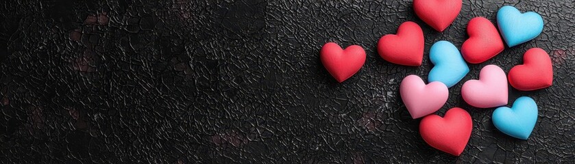 Obraz premium Colorful Hearts in Pink, Red, and Blue Arranged in Heart Shape on a Dark Background
