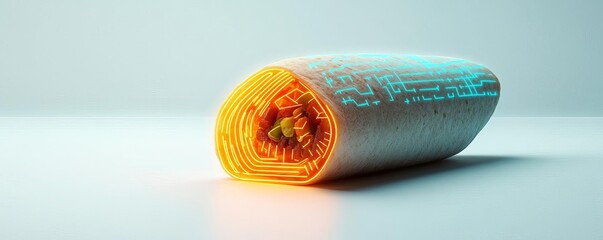 Obraz premium A burrito glowing with neon elements, futuristic cyberpunk theme, isolated on white background