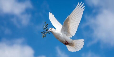 Obraz premium White Dove in Mid-Flight Carrying an Olive Branch in its beak, on a blue Sky, Symbolizing Peace, Hope, Solidarity, and Serenity. 