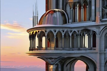 KI generated architectural structure melding computer aided design illustrations with genuine photoelements, AI generated