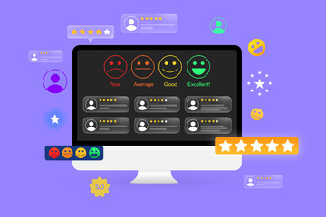 Fototapeta premium Five star rating concept background with shapes and stars floating around the screen in the center. Customer satisfaction, feedback and reviews backdrop design
