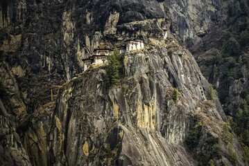 Buddhist tiger nest monastery Taktshang on steep rock face, Tiger's Nest, Paro District, Himalayas, Kingdom of Bhutan