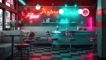 Diner at night with neon signs and empty seats inside.