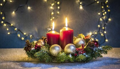 Ai generated, Advent wreath with burning candles, Christmas time, Christmas decoration, Second Advent, 2nd Advent