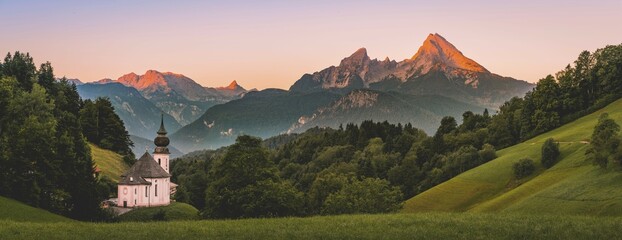 Pilgrim church Maria Gern, sunset view to mountain Watzmann from the valley Hochtal, Berchtesgarden...