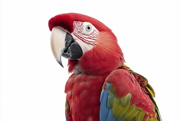 Fototapeta premium Portrait of red Macaw parrot bird on white background. Generative Ai, AI generated