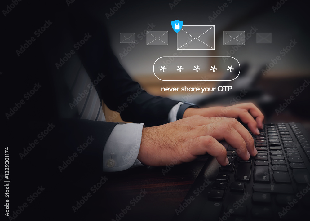 Poster never share one time passcode otp message floating on the keyboard with man in the backdrop. securit