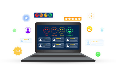 Modern five star rating and feedback concept design with floating shapes around the laptop in the center. Customer satisfaction, reviews graphics, transparent five stars rating concept