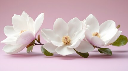 Fototapeta premium Elegant white magnolia flowers arranged on right side against light purple pastel background. Minimalist composition showcases delicate petals and green leaves in soft natural lighting.