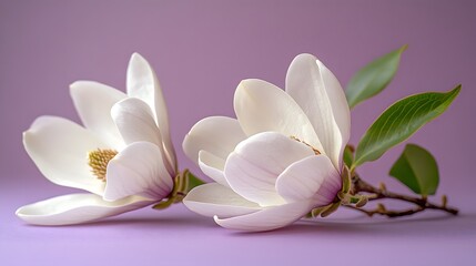 Elegant white magnolia flowers arranged on right side against light purple pastel background. Minimalist composition showcases delicate petals and green leaves in soft natural lighting.