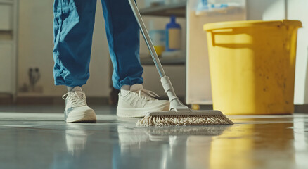 Cleaning the floor in a bright room