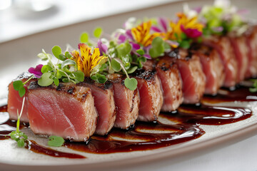 High-end plating of tuna tataki with artistic garnishes, ideal for luxury dining settings.