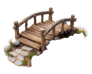 rustic wooden footbridge over small stream, surrounded by grass and stones, adds charm to any landscape. This serene structure invites exploration and tranquility