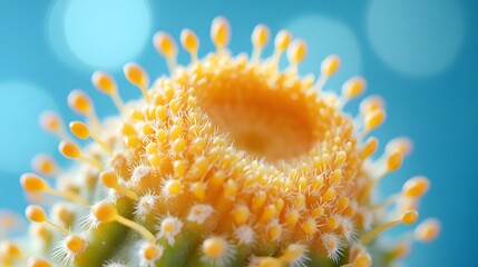 Fototapeta premium Golden barrel cactus displays striking yellow spines against soft baby blue background. Macro photography captures sharp detail of spines in clean modern aesthetic composition.