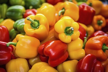 Heap of colorful bell peppers at market. KI generiert, generiert, AI generated