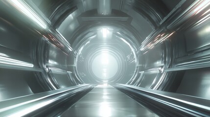 Naklejka premium Premium hyperspace corridor design, intense central light source, dynamic silver motion trails, sophisticated rainbow chromatic edges, elegant radial speed lines, refined metallic light streams,