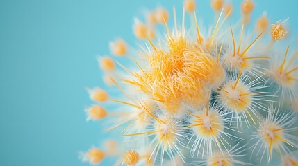 Obraz premium Golden barrel cactus displays striking yellow spines against soft baby blue background. Macro photography captures sharp detail of spines in clean modern aesthetic composition.
