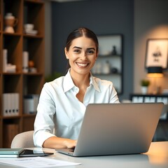 En su moderna oficina en casa, una ejecutiva hispana trabaja en su computadora portátil, vestida de manera cómoda pero profesional. Un café humeante está sobre su escritorio mientras revisa documentos