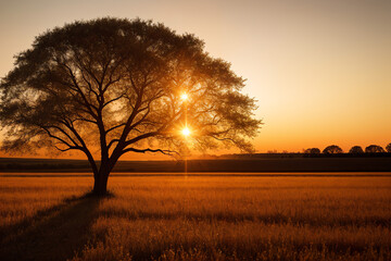 Silhouette of a lone tree against a golden sunset