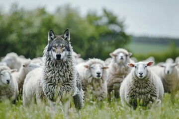Fototapeta premium Depiction of a wolf in sheep's clothing, example of a figure of speech, metaphor, visualisation for an enemy disguised as a friend, AI generated, AI generated, AI generated