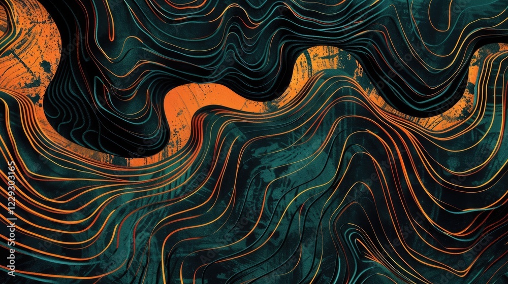 Poster abstract green and orange flowing lines with topographic elements. abstract image of digital wave wi