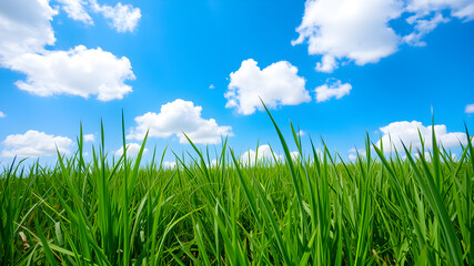 Fototapeta premium Green grass and blue sky with white clouds