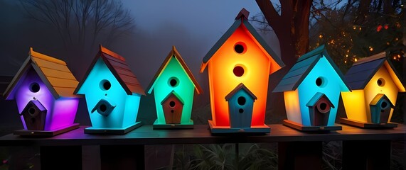 Obraz premium A cheerful assortment of unique birdhouses painted in vibrant colors