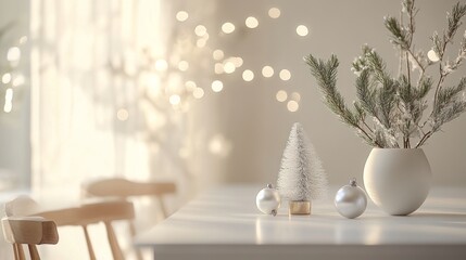 Serene Nordic holiday vignette featuring pearl white ornamental spheres, understated pine branch styling, dainty metallic bottle brush tree accent, gentle bokeh fairy light glow, crisp white table